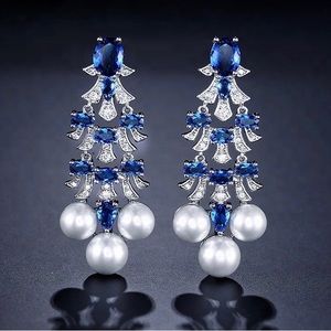 Sapphire Silver Cz Faux Pearl Drop Earrings